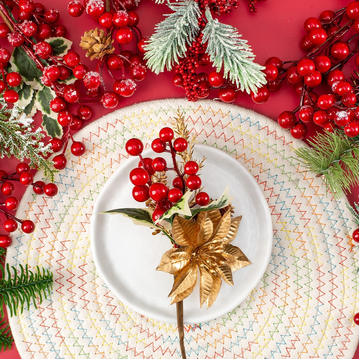 Red Berry Pine Branches 16 Pack 9-14 Inch for Christmas Wreath Decor