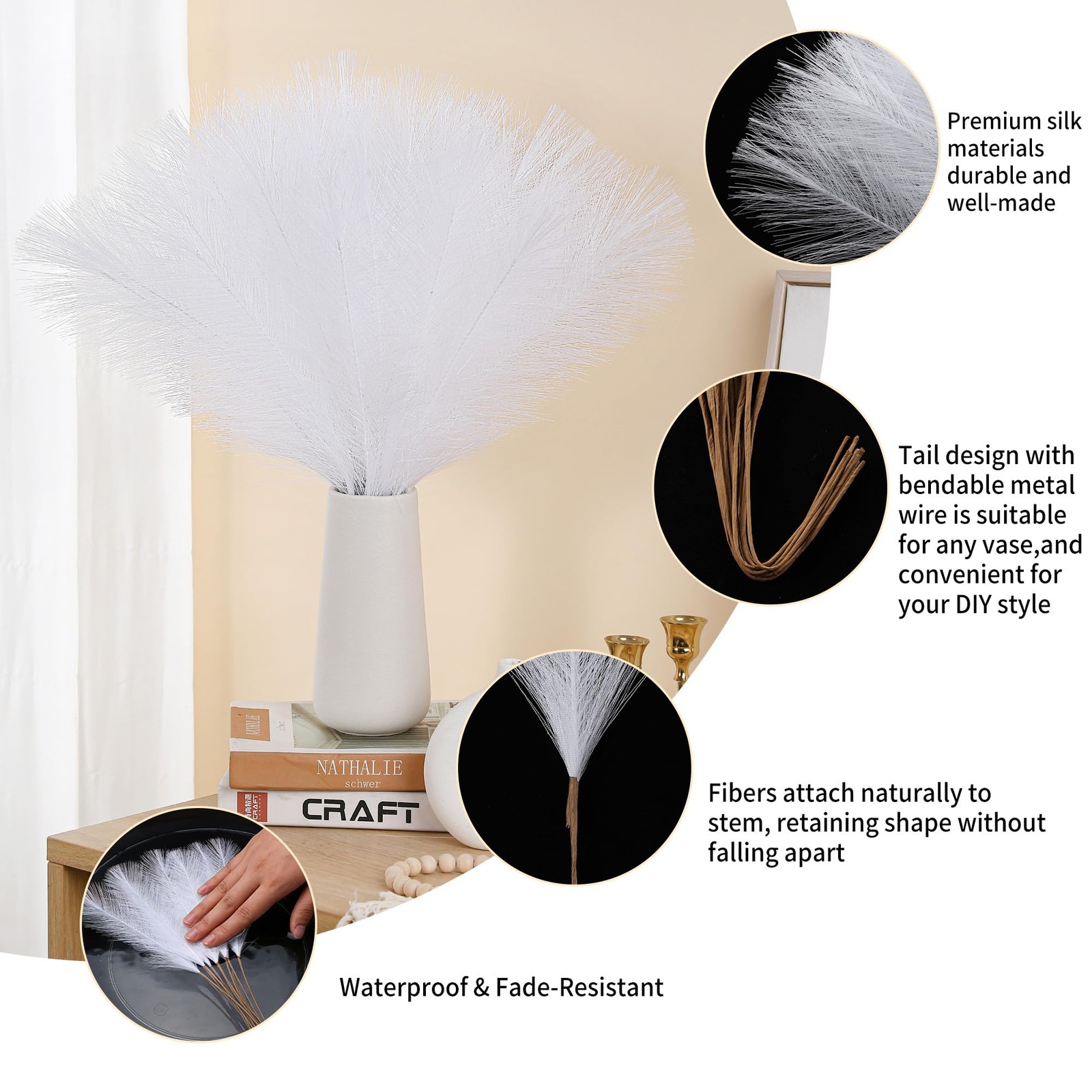 36 PCS White Faux Pampas Grass 21.6 Inch Fluffy Decor Flowers Wall Wedding
