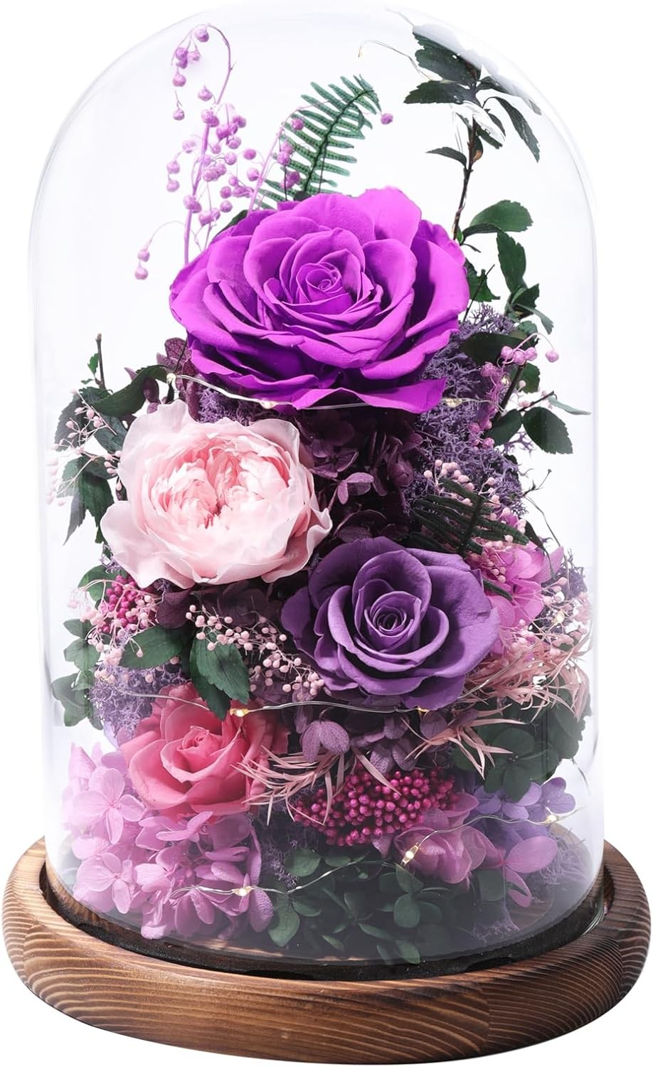 Flower Delivery: Fresh roses in a glass dome, purple roses (preserved flowers)