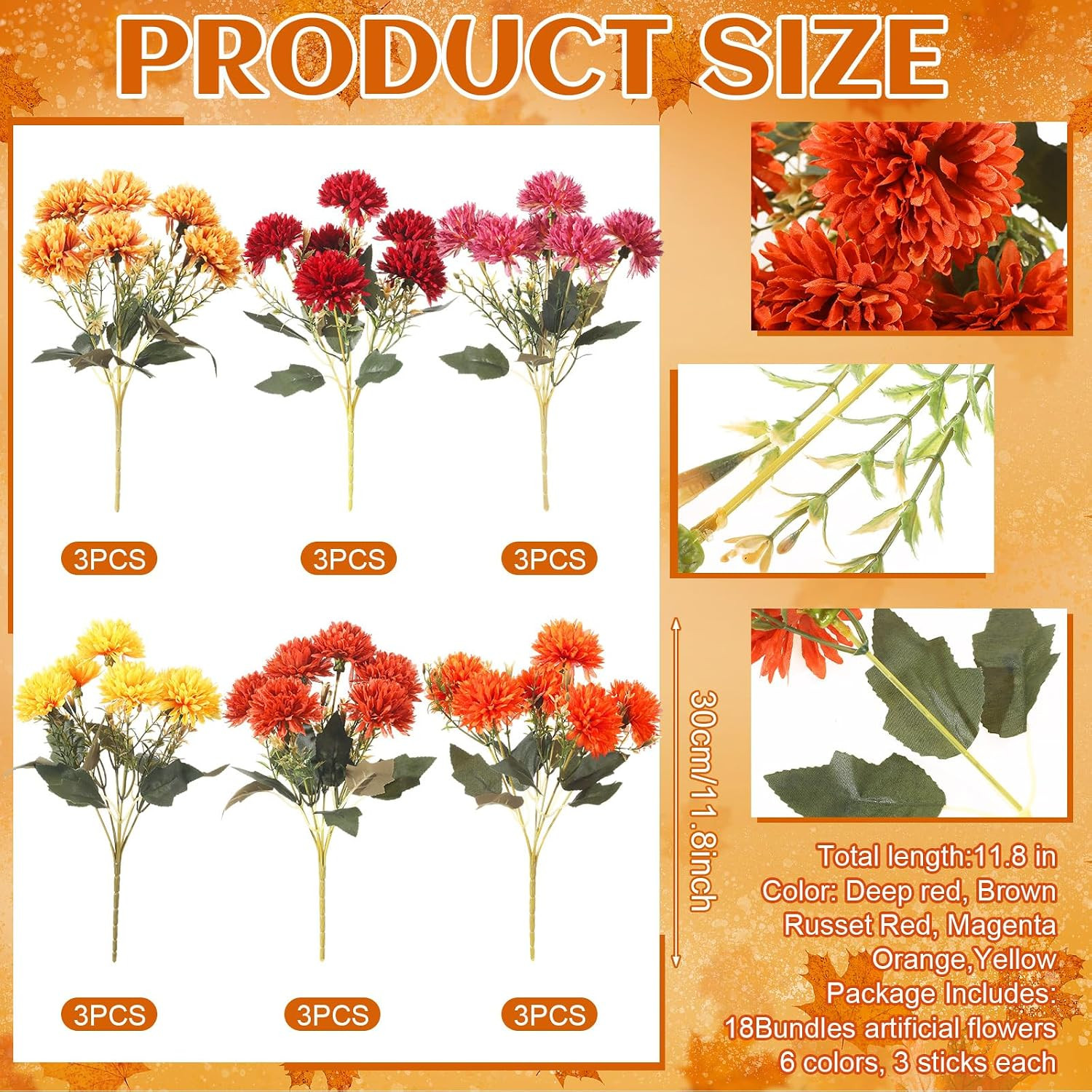 18 Bundles UV Resistant Fall Mums Flowers for Outdoor Decor and Arrangements
