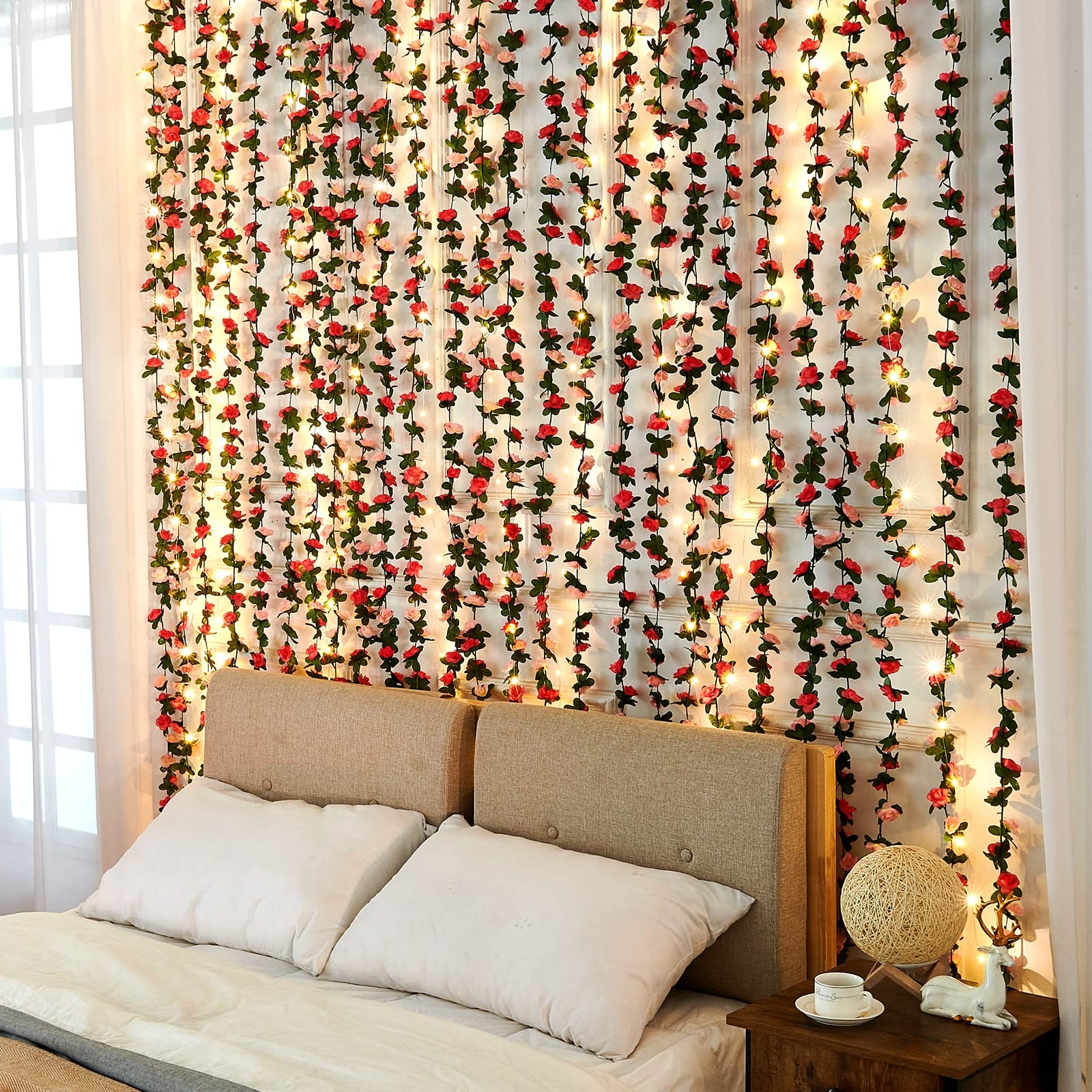Flower Garland – 5 Strand 41Ft Rose Vines for Bedroom Decor, Pink Rose Floral…