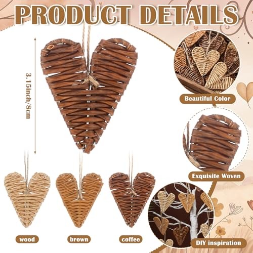 Pcs Neutral Valentines Day Ornaments Rattan Wicker Heart 24 Tan, Beige, Brown