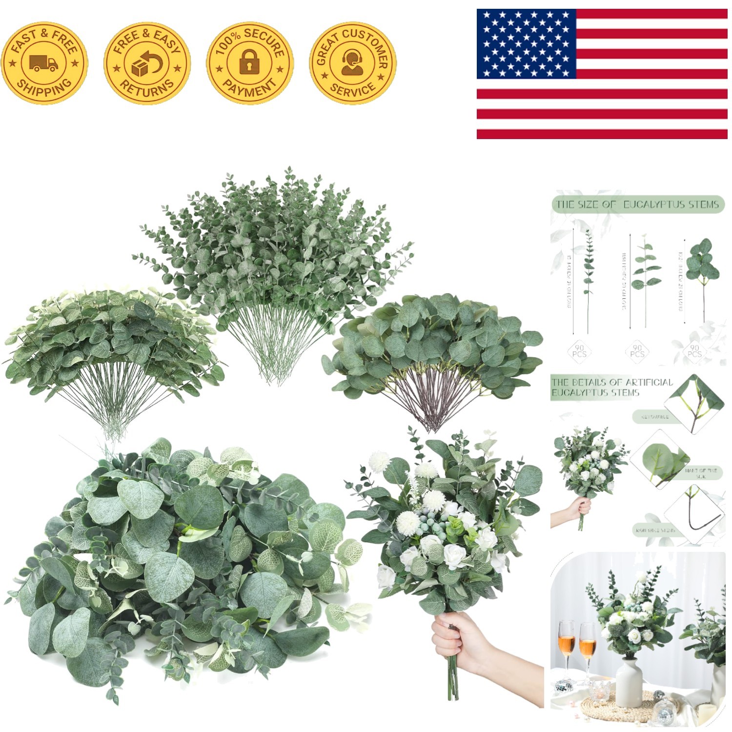 3 Kinds of Eucalyptus Stems – 270 Pcs for Romantic Floral Arrangements