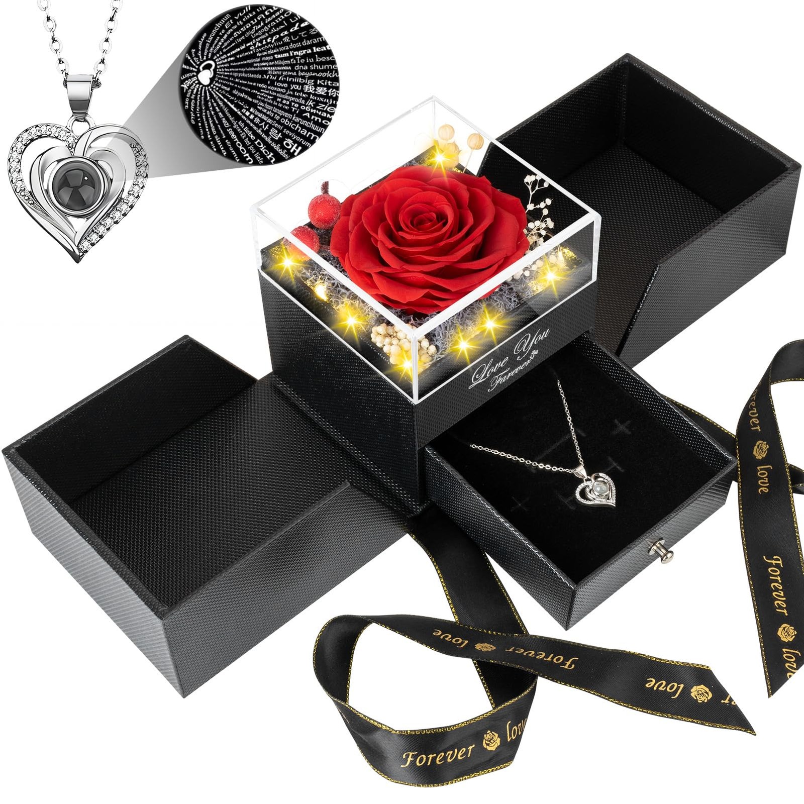 Preserved Red Real Rose with I Love You Necklace -Eternal Flowers Rose Gifts for