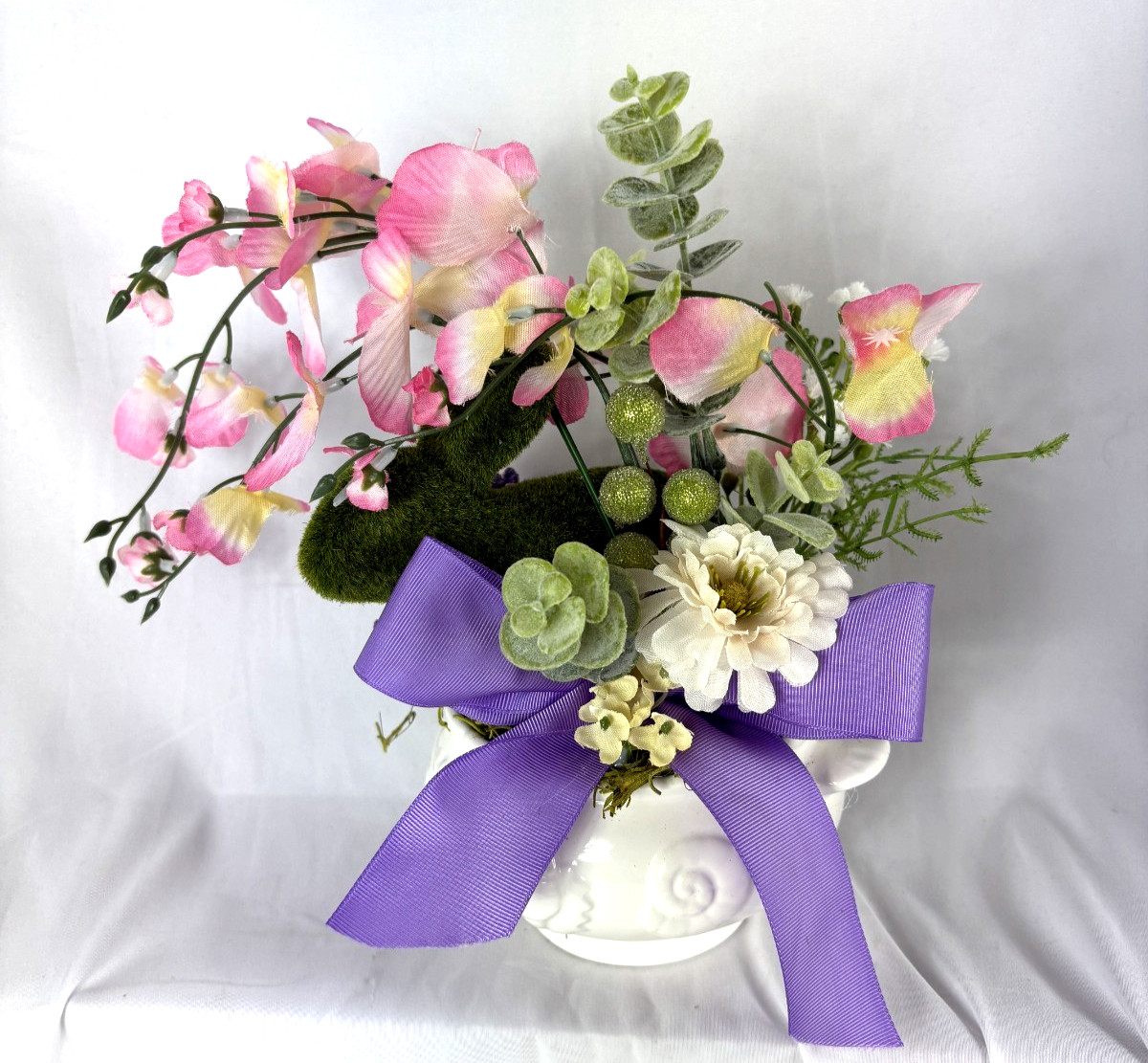 Spring Floral Arrangement Bunny Flowers Ceramic Bowl Easter Home Decor