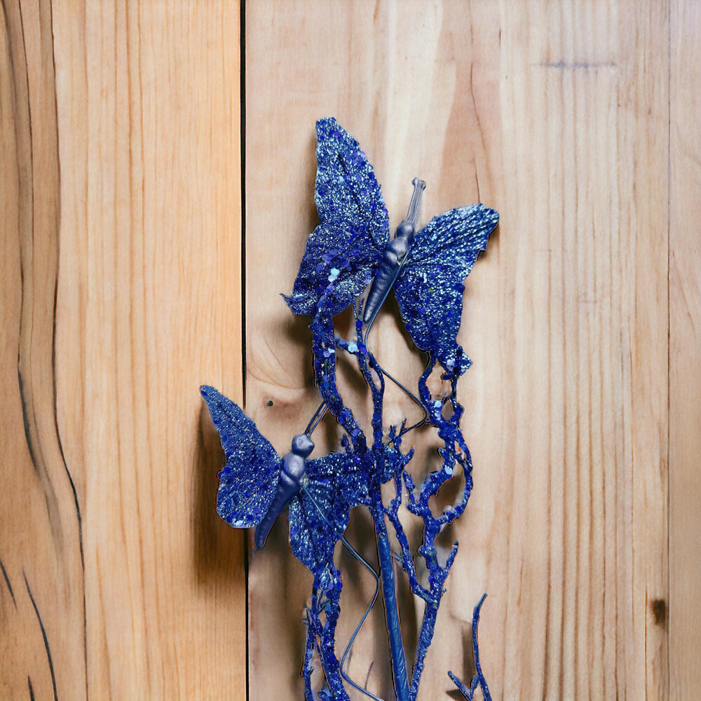 31″ Blue Glitter Twig With 2 Butterflies Dead Twig Branch Window Insect Floral
