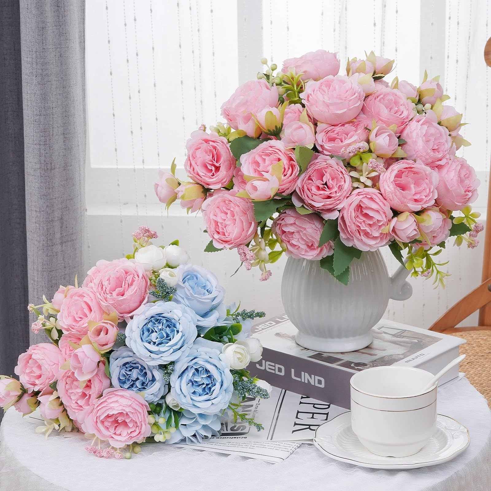 2 Packs Light Pink Artificial Peonies | Faux Silk Flower Bouquets