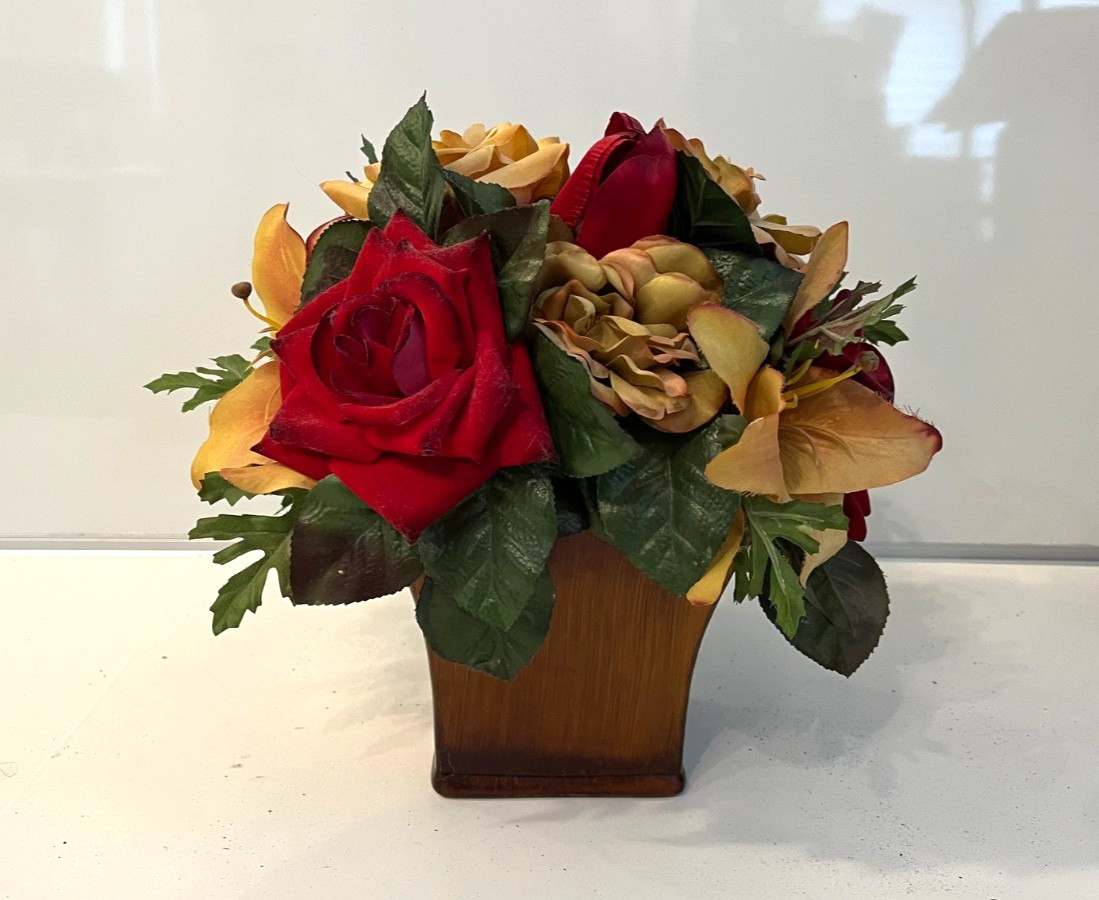 Red & Yellow Faux Flower Roses Centerpiece Beige Mahoga Brown Neutral Home Decor