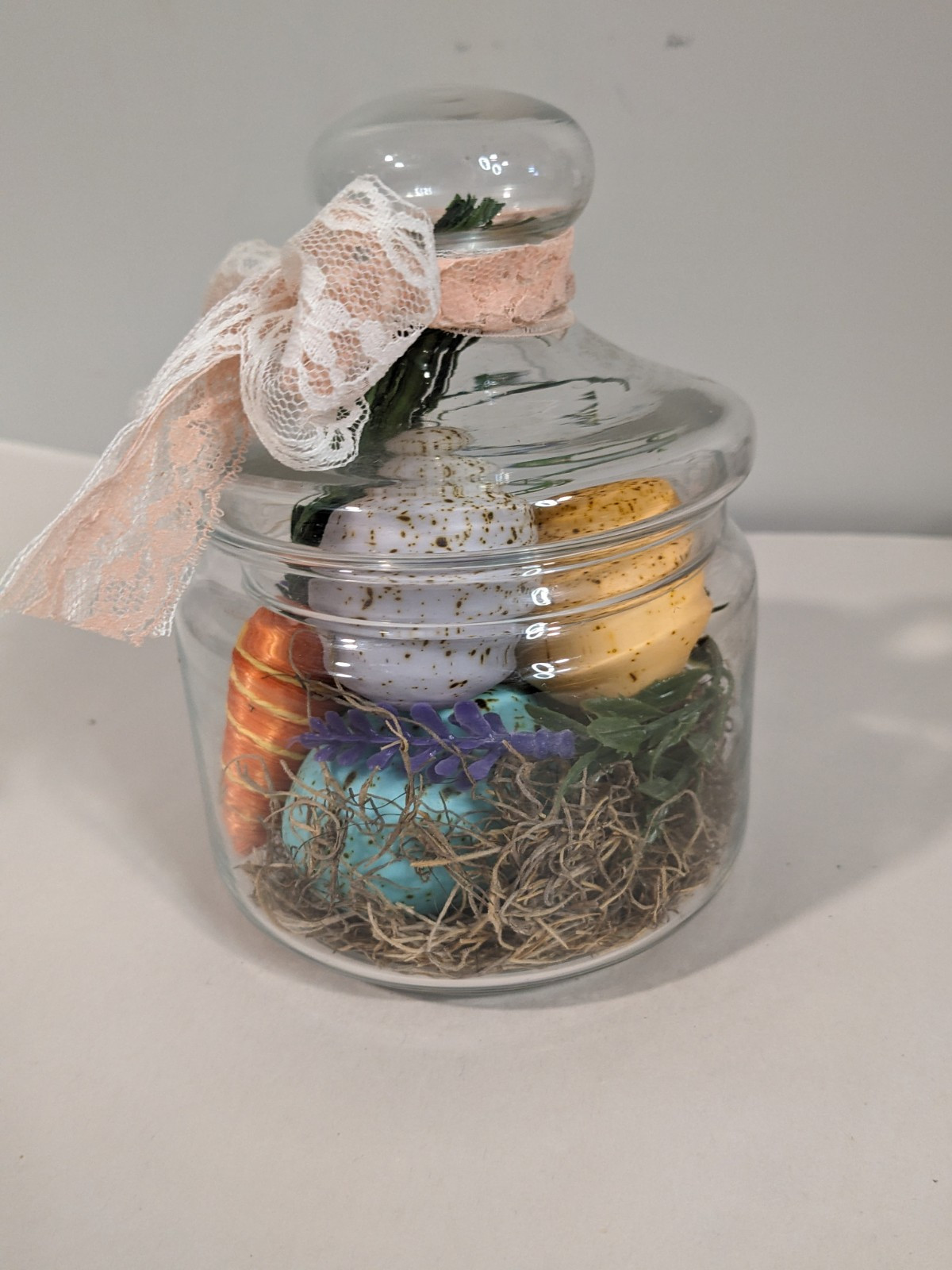 Clear Glass Apothecary Jar~Repurposed~Easter Decor~Eggs Carrot Lavender