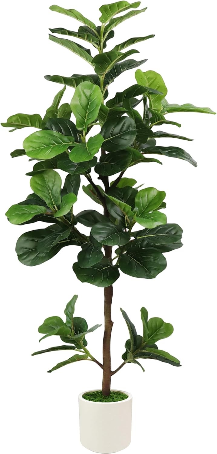 5FT Artificial Fiddle Leaf Fig Tree W/ White Planter & Fake Moss Realistic Faux