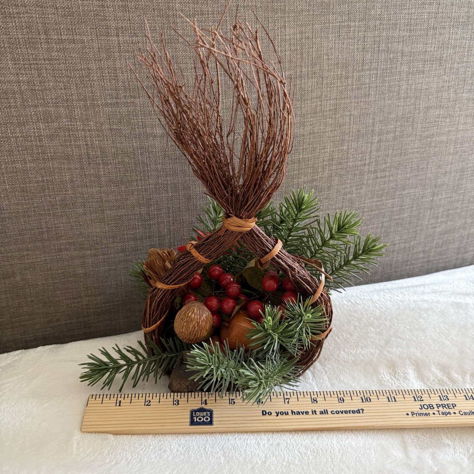 Artificial Christmas Centerpiece Table Top Decoration Poinsettia Nuts VTG Rustic