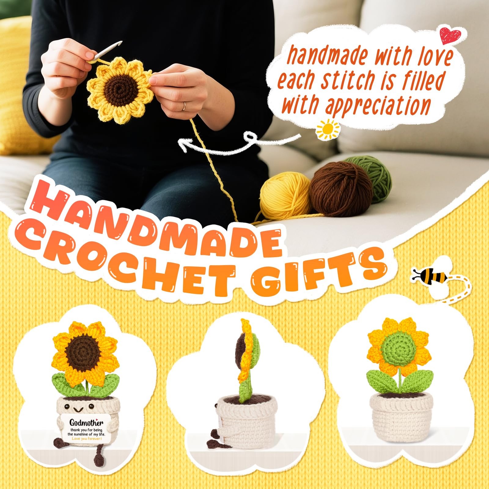 Handmade Crochet Sunflower Godmother Proposal Gift with Card Cute Keepsake