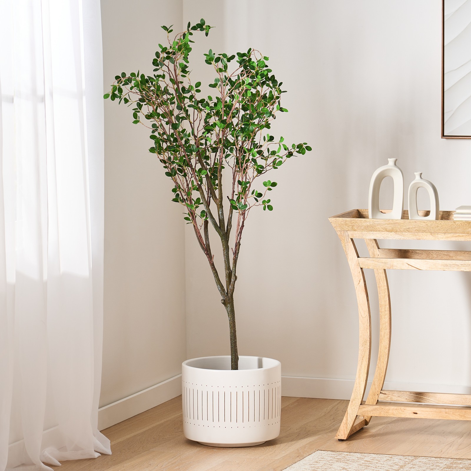 Artificial Leaf Tree 59 Inch Pre-Potted Realistic Faux Plant Indoor Decor