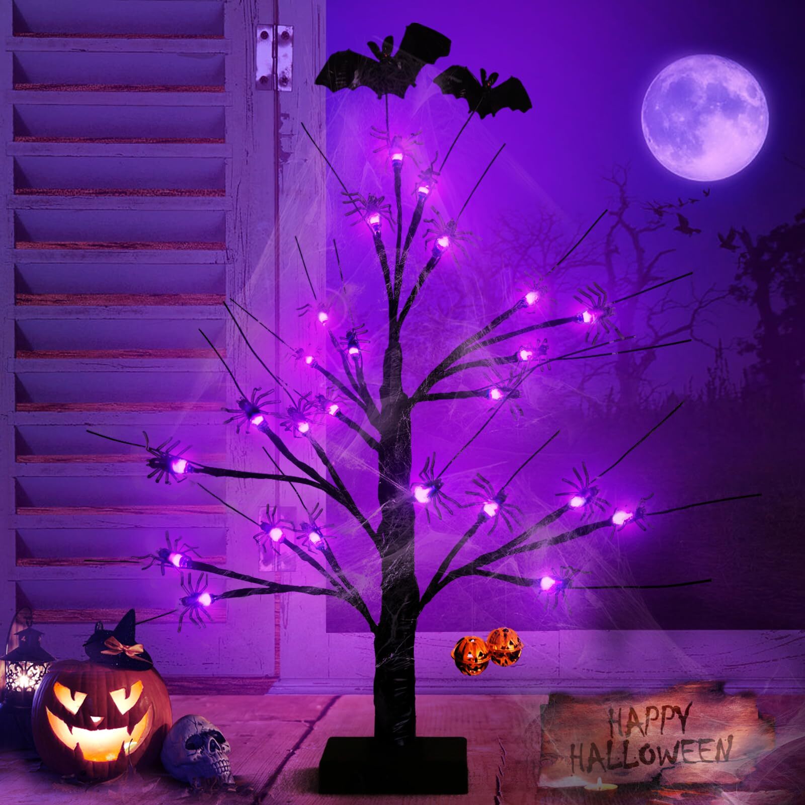 2FT Black Halloween Tree, Spooky Tree with 24 Spider & 24 Purple Lights