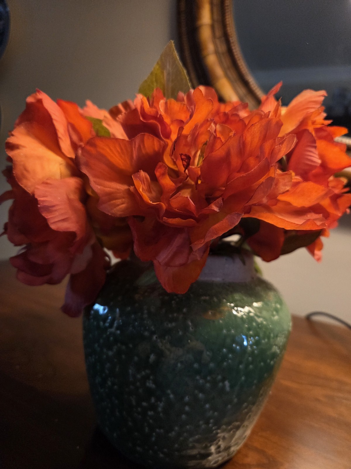 Jade Green Glazed POT With Red Peony Flowers, POT IS NEW FLOWERS REMOVEABLE