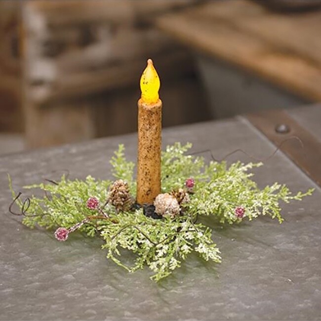 Frosty Red Berry & Cone Mini Taper Candle Ring 1.5″ Inner Diameter Christmas