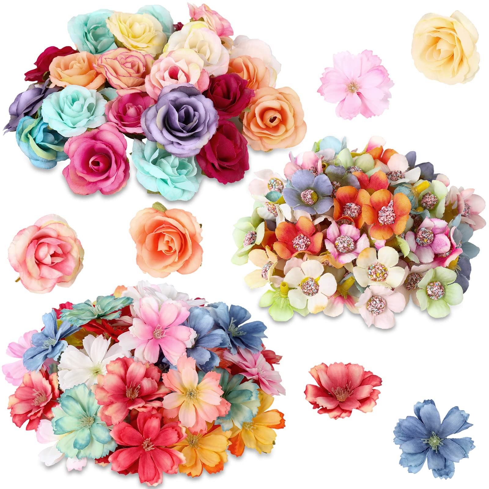 Mini Fake Flower Heads Multicolor Small Silk Faux Flower Bulk Craft 160 PCS
