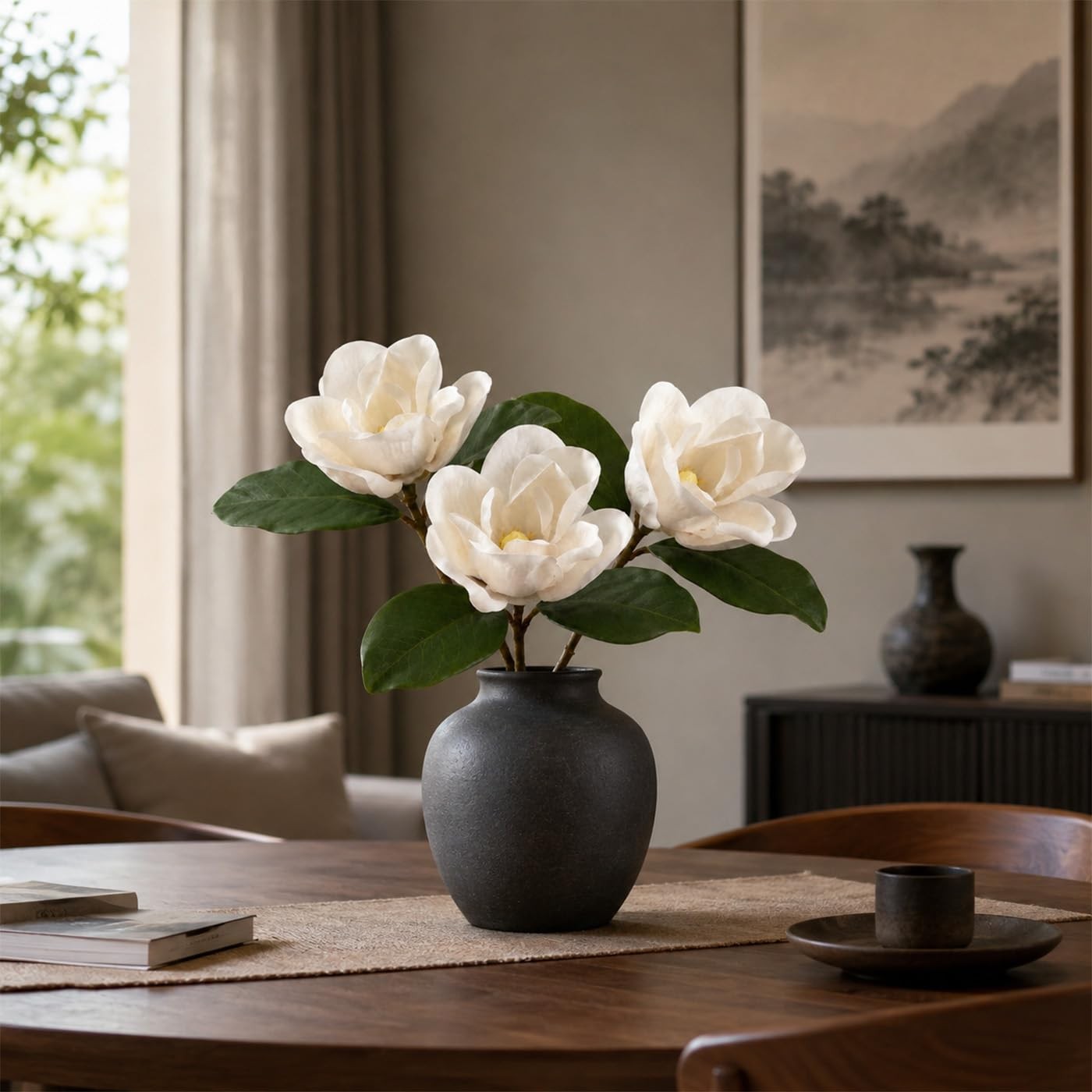 3 Stems Faux Magnolia Flowers, Magnolia Fake Flowers, Real Touch Creamy White…