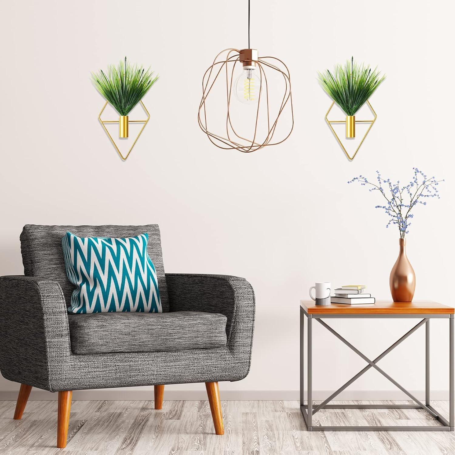 2 Pieces Gold Wall Decor Hanging Planters with Artificial Plants Metal Vase I…