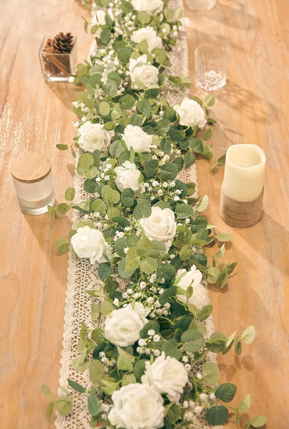 2PCS 5.91FT Artificial Eucalyptus Garland with Flowers, Fake Rose Gypsophila Gar