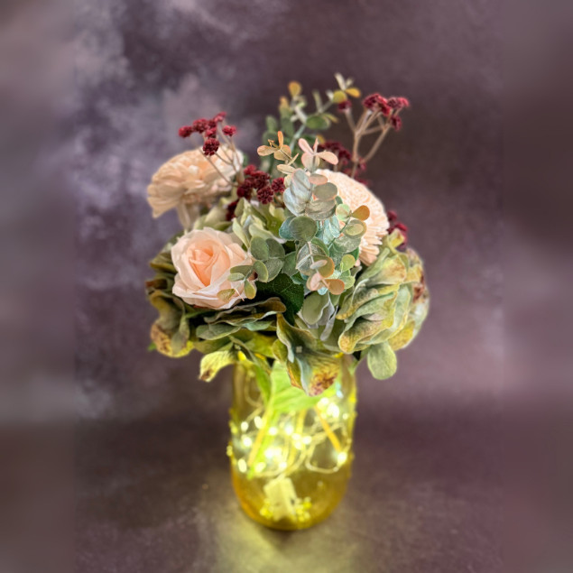 Sola Wood Floral Farmhouse Arrangement Yellow Mason Jar LED Lights Home Decor