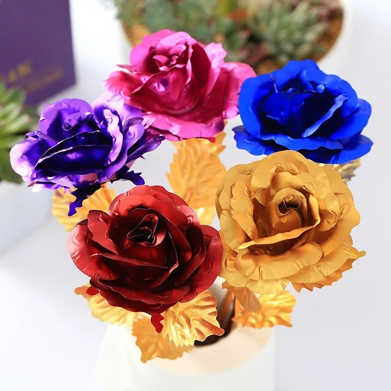 24k Gold Plated Foil Rose Flower Long Stem Dipped New Year Xmas Gift For Her