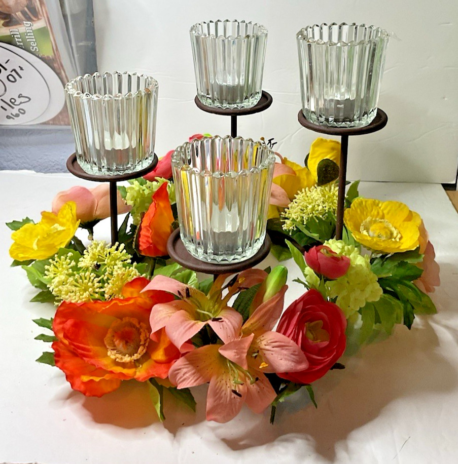 Avon Floral Lighted Centerpiece 12” Rnd Metal Glass Votive Holders NIB EasyShip