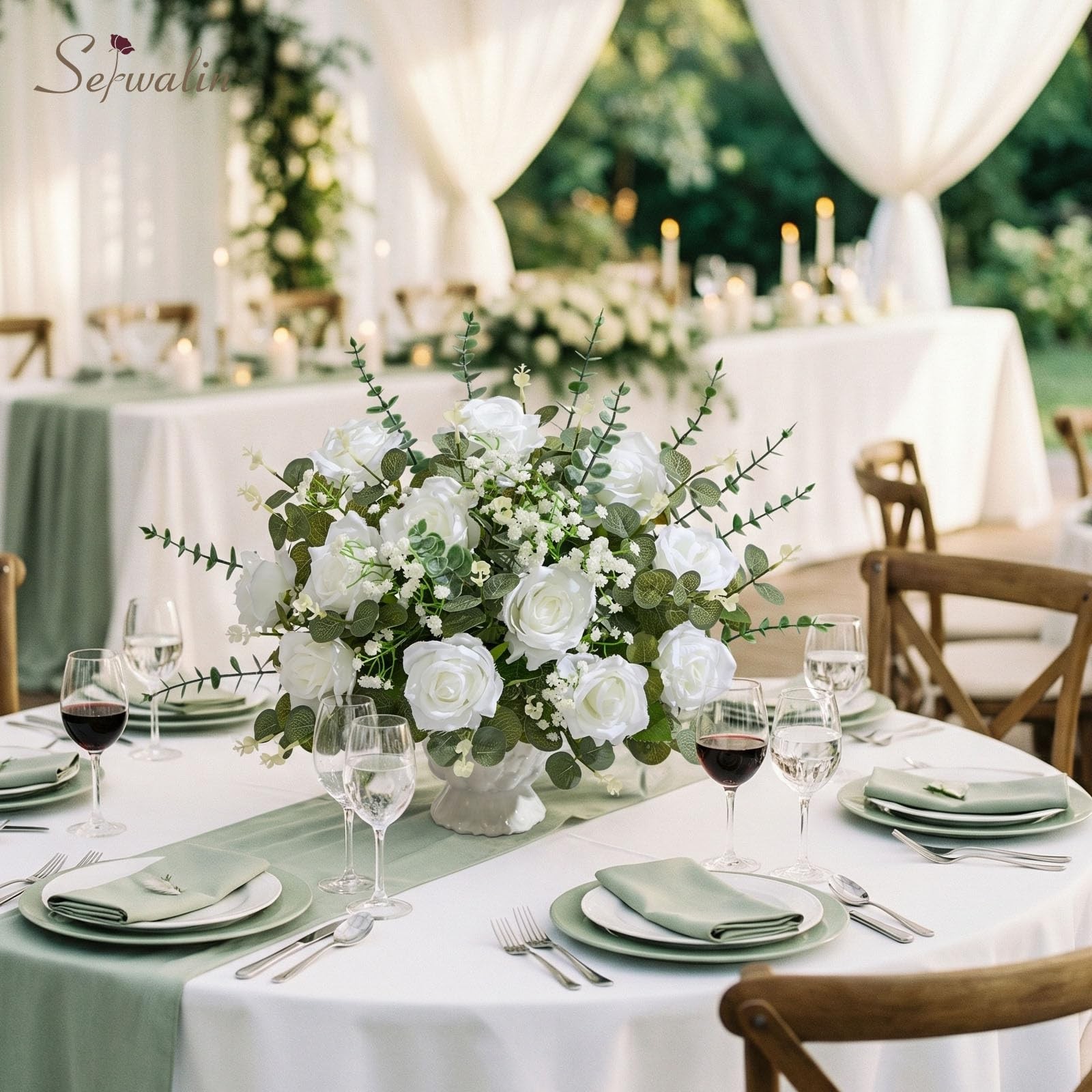 120 Pcs Mixed Eucalyptus Greenery Stems, White Silk Roses and Babys Breath Ar…