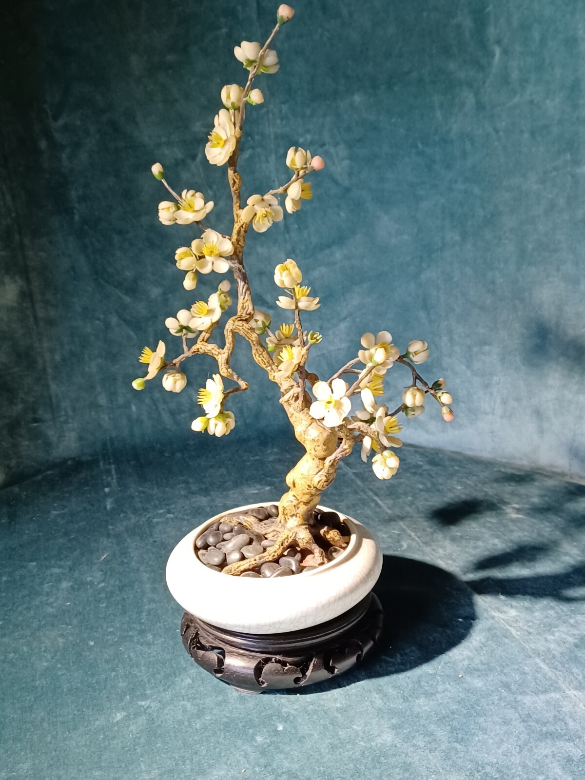 Bonsai Tree Vintage Retro 14″ Artificial Plum Blossom ceramic pot wood pedestal