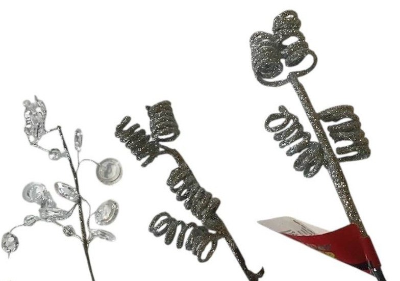 Assorted Silver Floral Stems Picks Birds Leaves Twirls Glitter Decor Crafts NEW