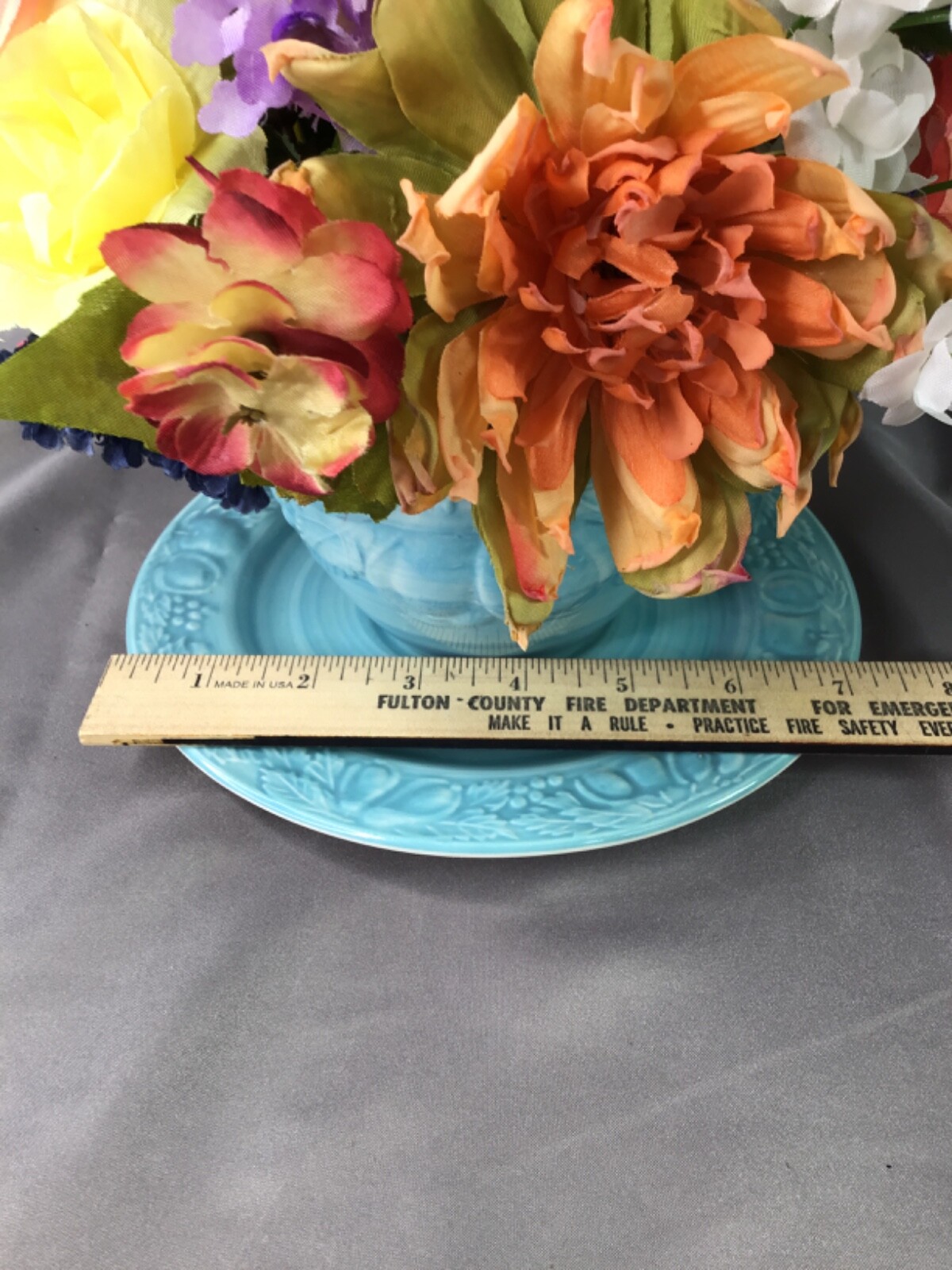 Vintage Sky Blue Oversized Cup & Sauce Coral Yellow Lavender Flower Arrangement
