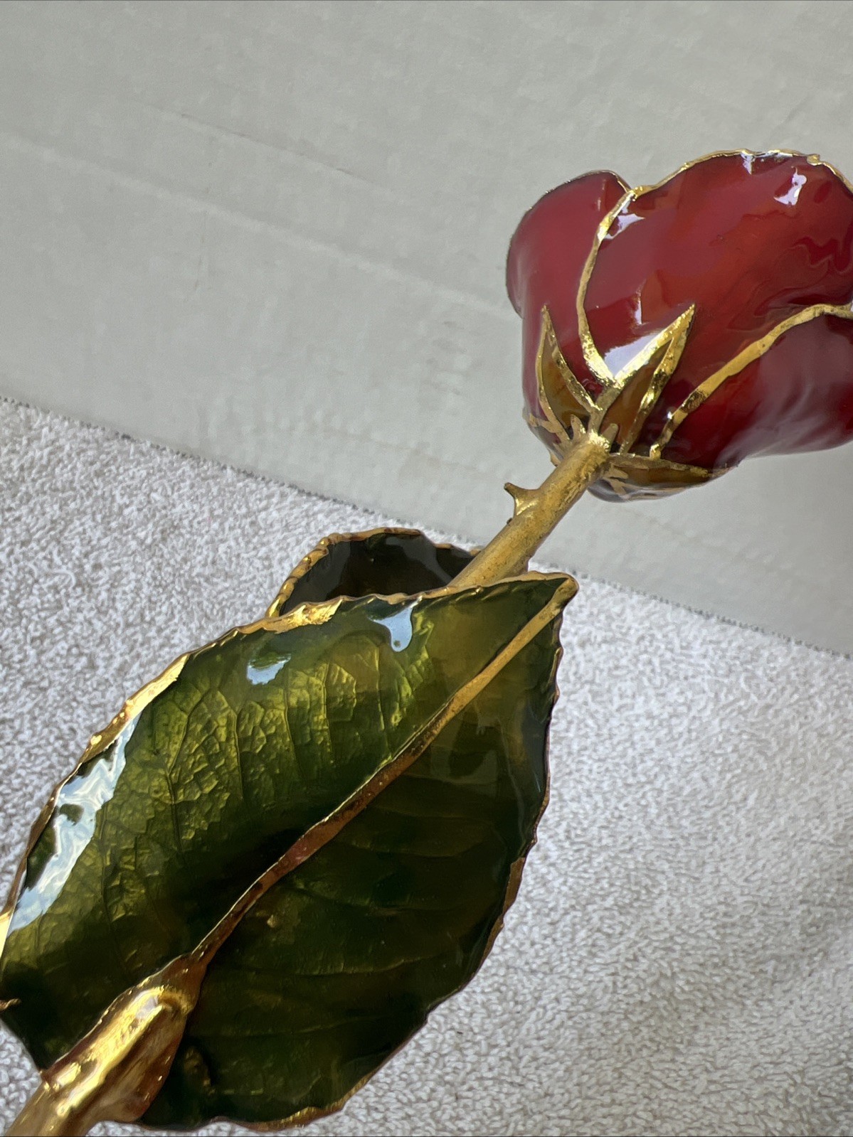 Handcrafted Preserved Red Rose Gloss Laquered With 24K Gold Plated Trimmed