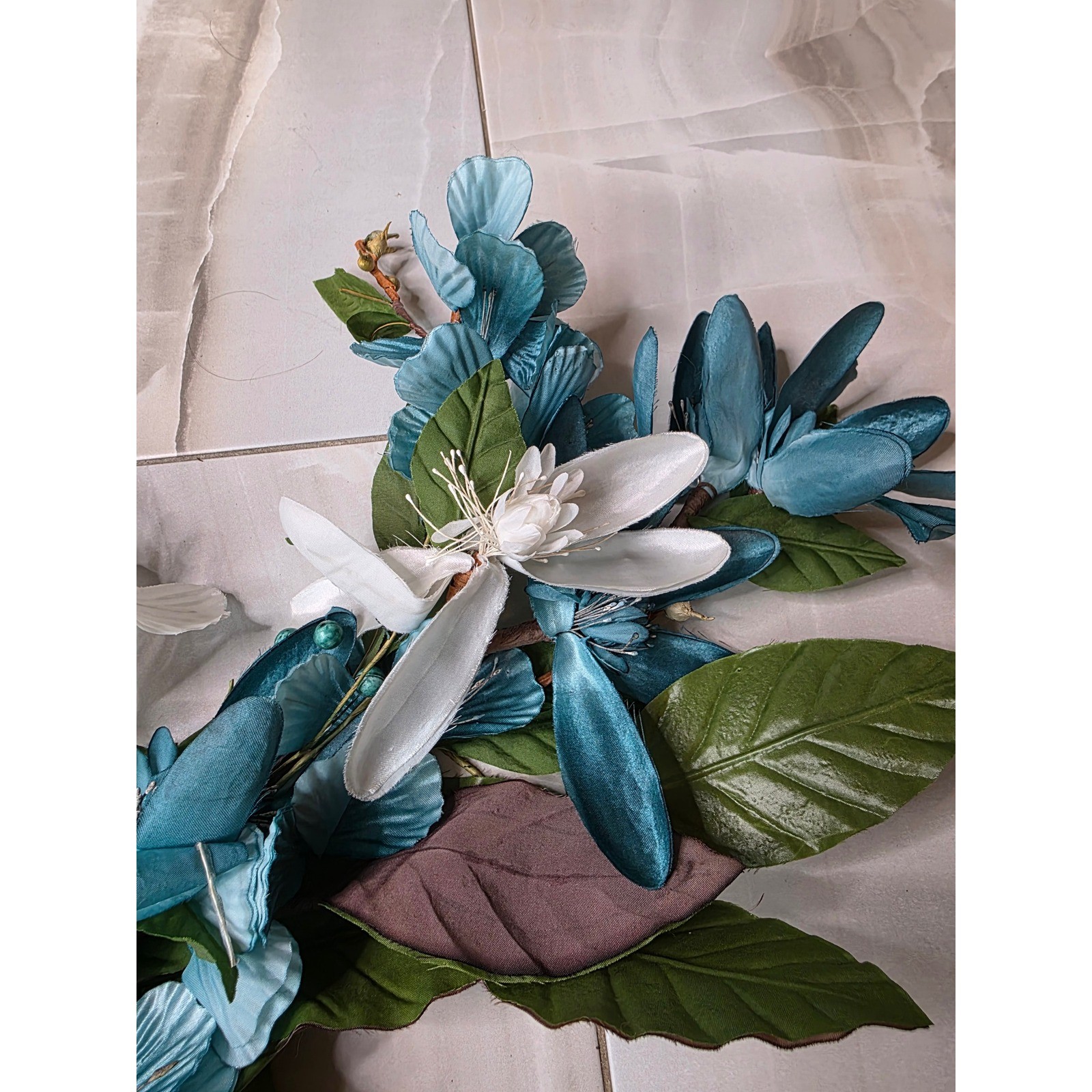 Large Teal & White Floral Wall Decor Metal Flower Wall Art 37″ Wide