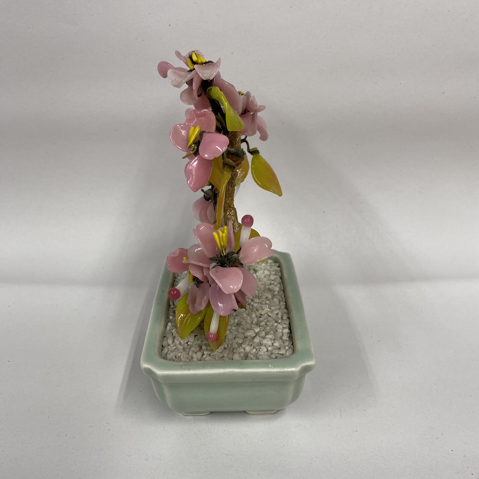 Glass Bonsai Tree Pink Flowers Artificial Plant Oriental Home Decor Vtg