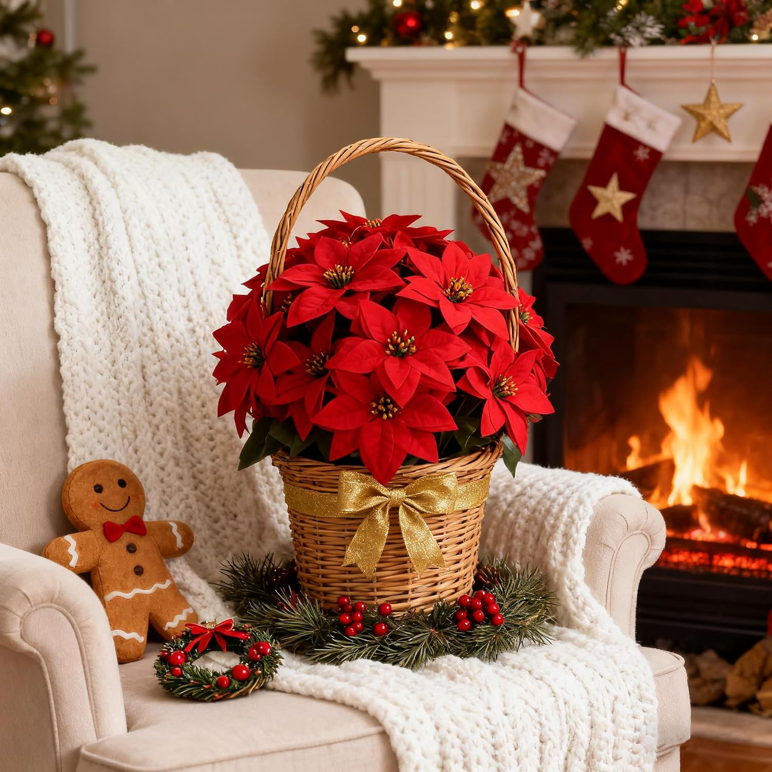 Set of 2 UV Resistant Artificial Poinsettia Topiary Trees for Holiday Decor