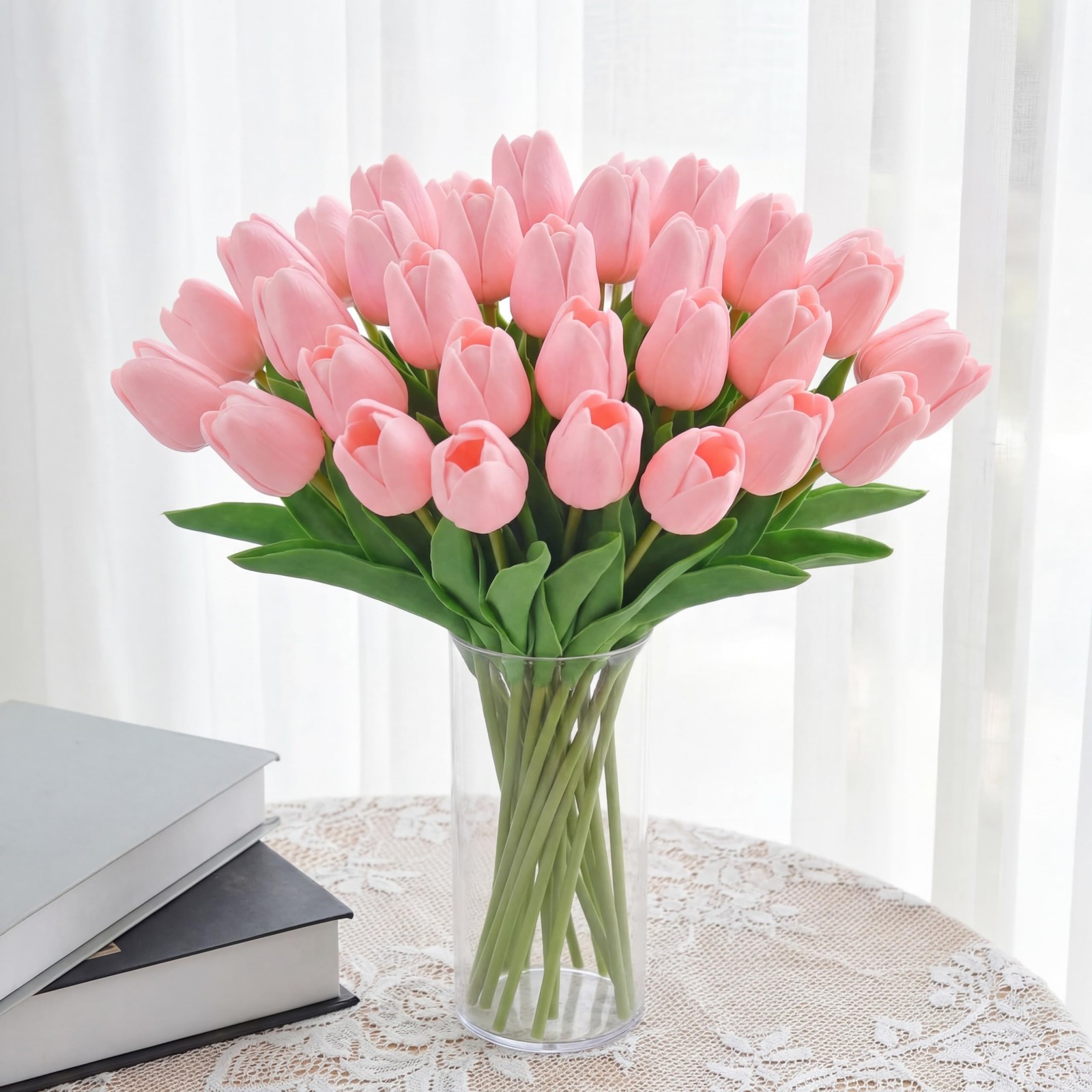 30 PCS Pink Artificial Tulip With Clear Vase Faux Bouquet Floral Centerpiece