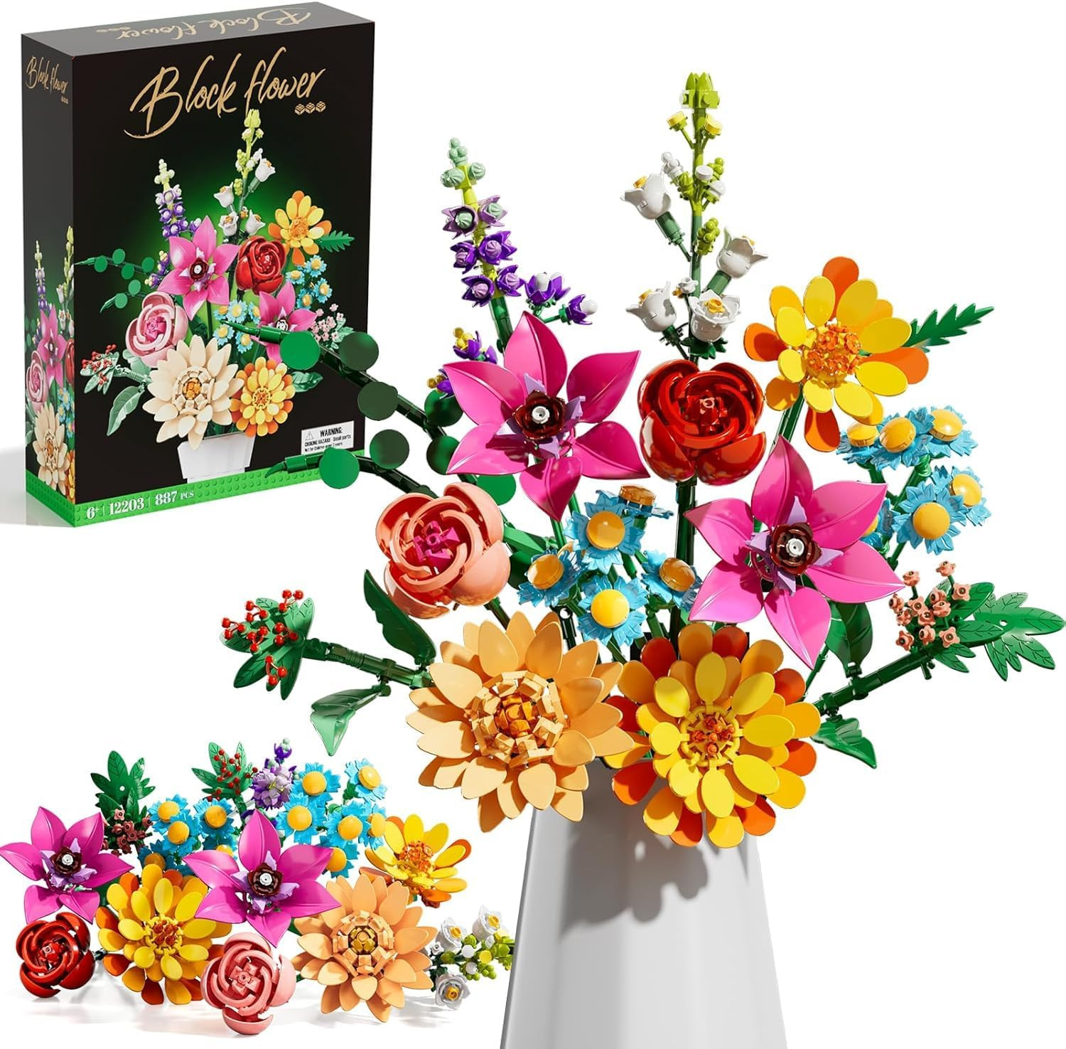 Flowers Bouquet Building Set,891Pcs Artificial Plant Flower Kit Toy for Kids, Ar