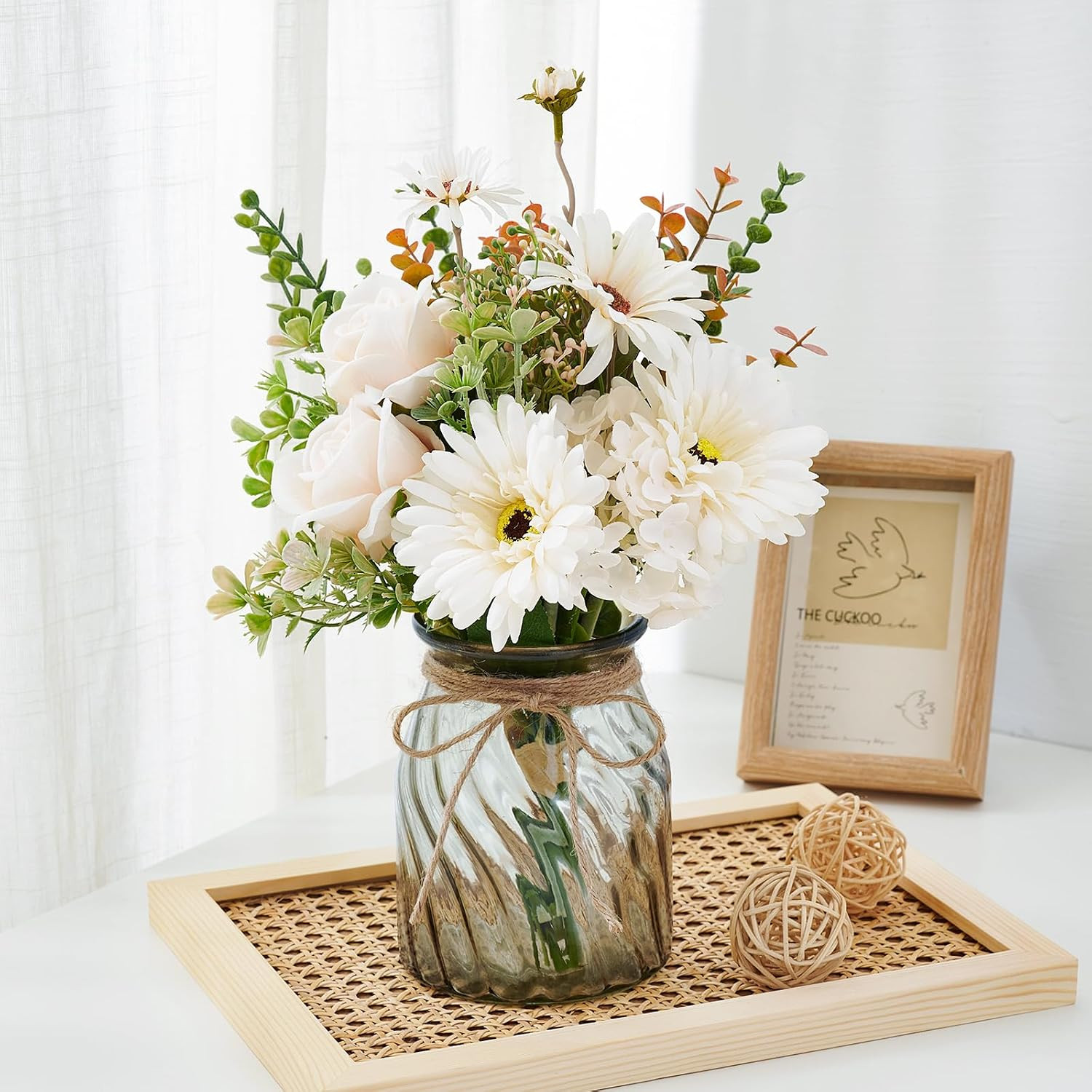 Artificial Daisy Rose with Vase – Faux Silk Flowers for Home Decor