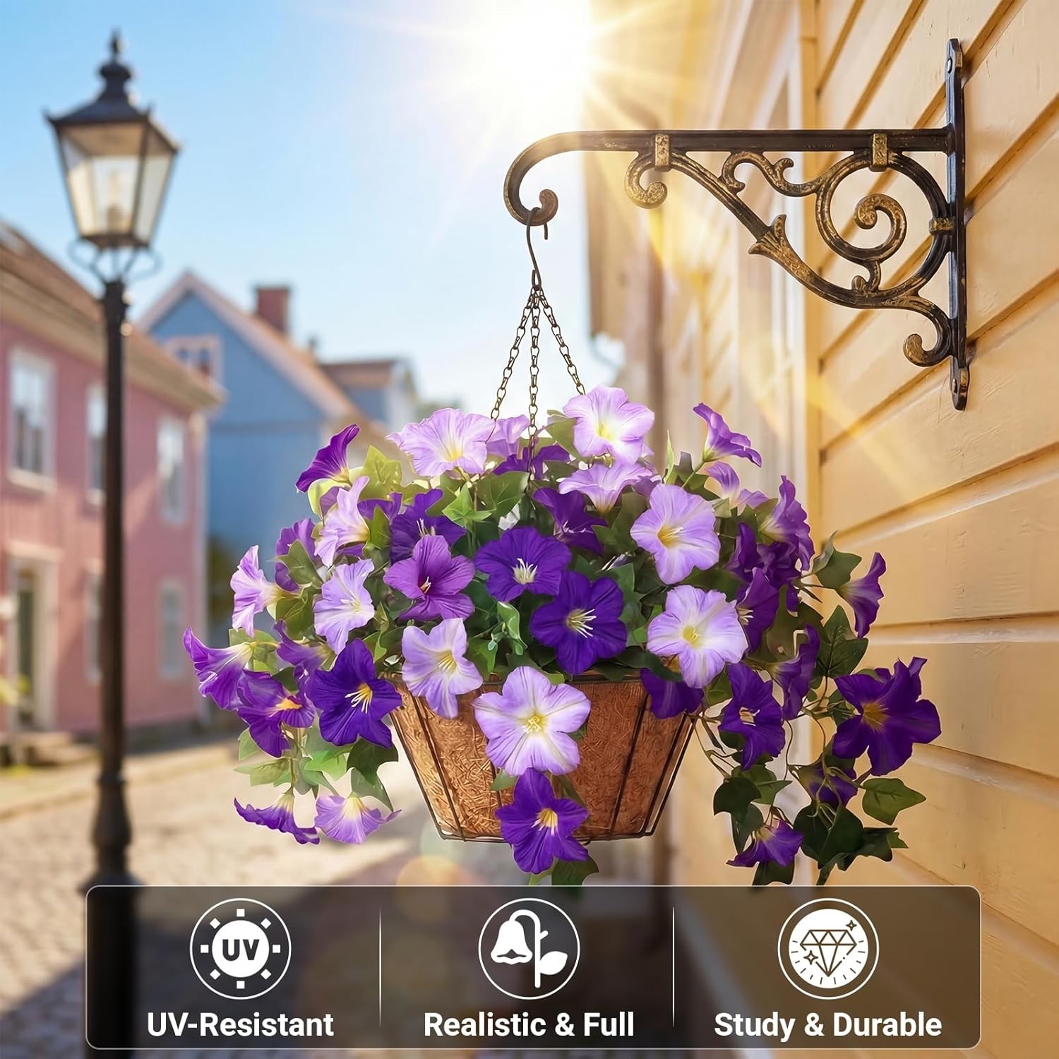 3 Pcs Faux Petunias Artificial Flowers for Outdoors, UV Resistant Fake Purpl