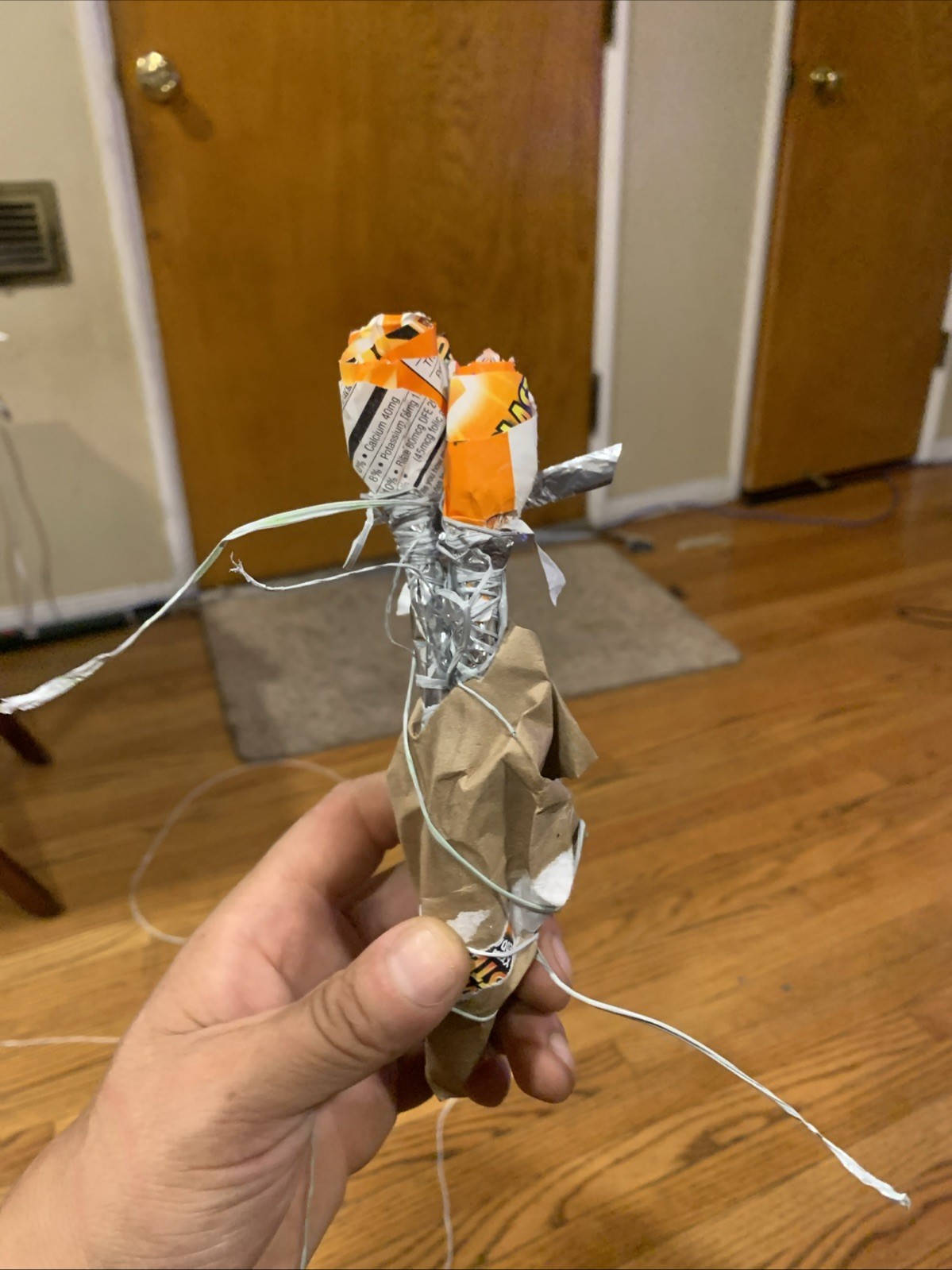 Three Rose Stems w/orange Rose Buds Made From •Gold Fish Snack Cover Wrap W Love