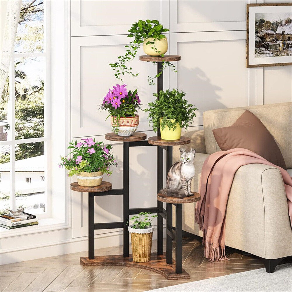 Corner Plant Stand Indoor, 6 Tiered Plant Shelf Flower Stand Garden Rustic Brown