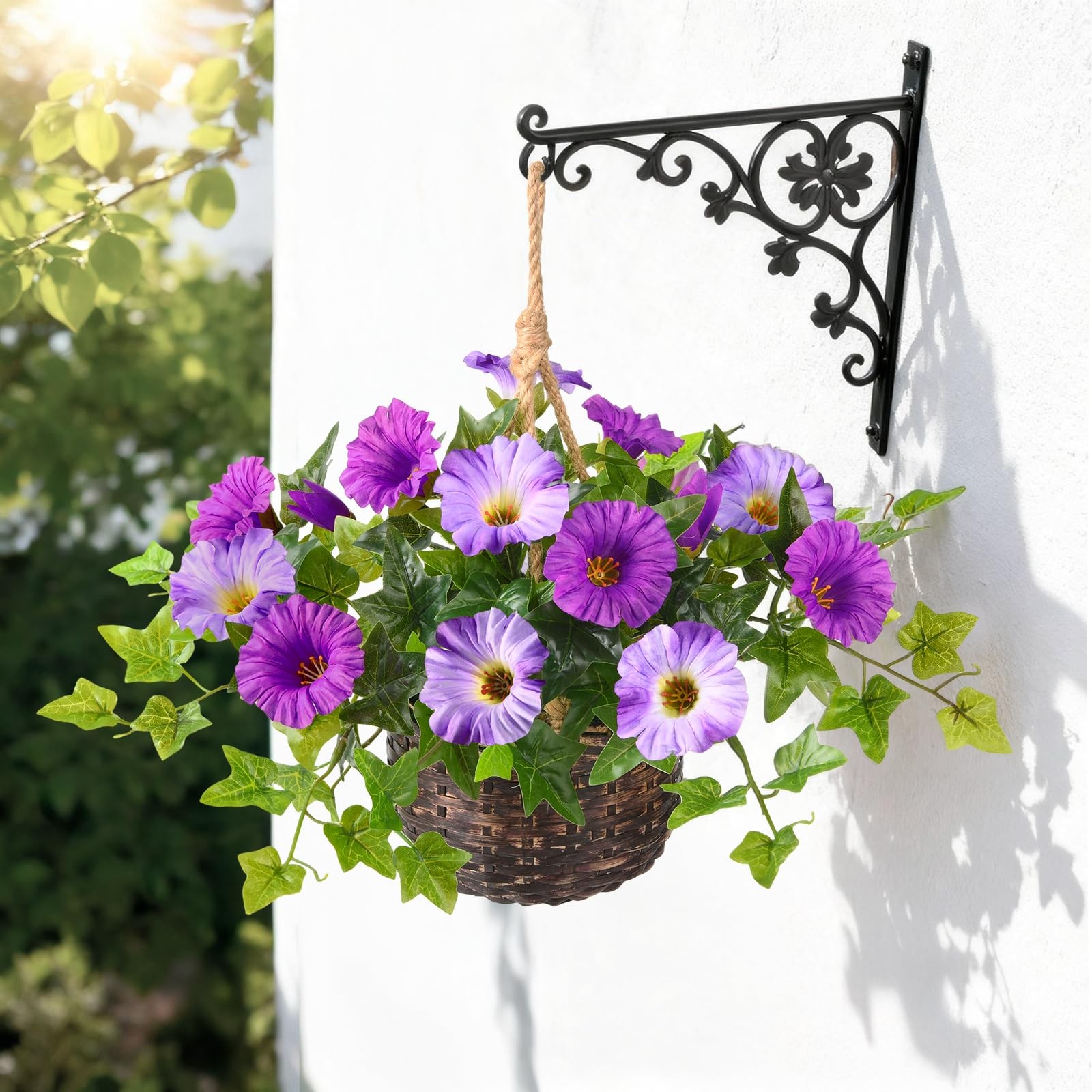 2 Set Artificial Outdoor Flowers with Hanging Basket, 2 Hanging Planters Faux…