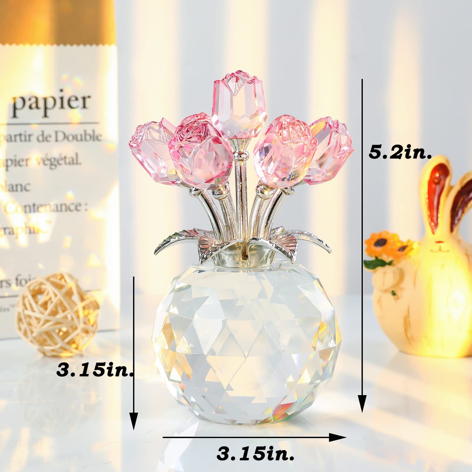 Handmade Crystal Pink Rose Flower Figurine with Round Vase, Rose Gifts for Gi…