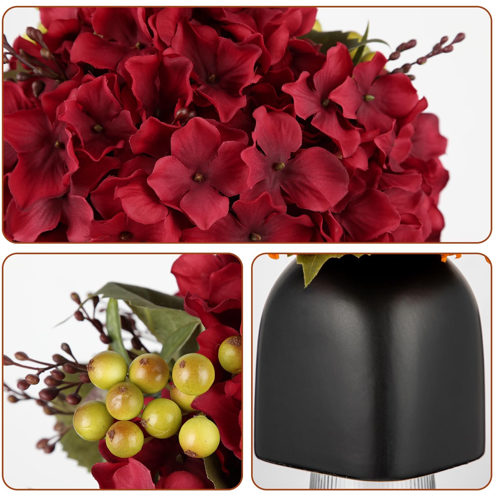 Hydrangea Artificial Flowers in Ceramic Black Vase, Burgundy Silk Hydrangea C…