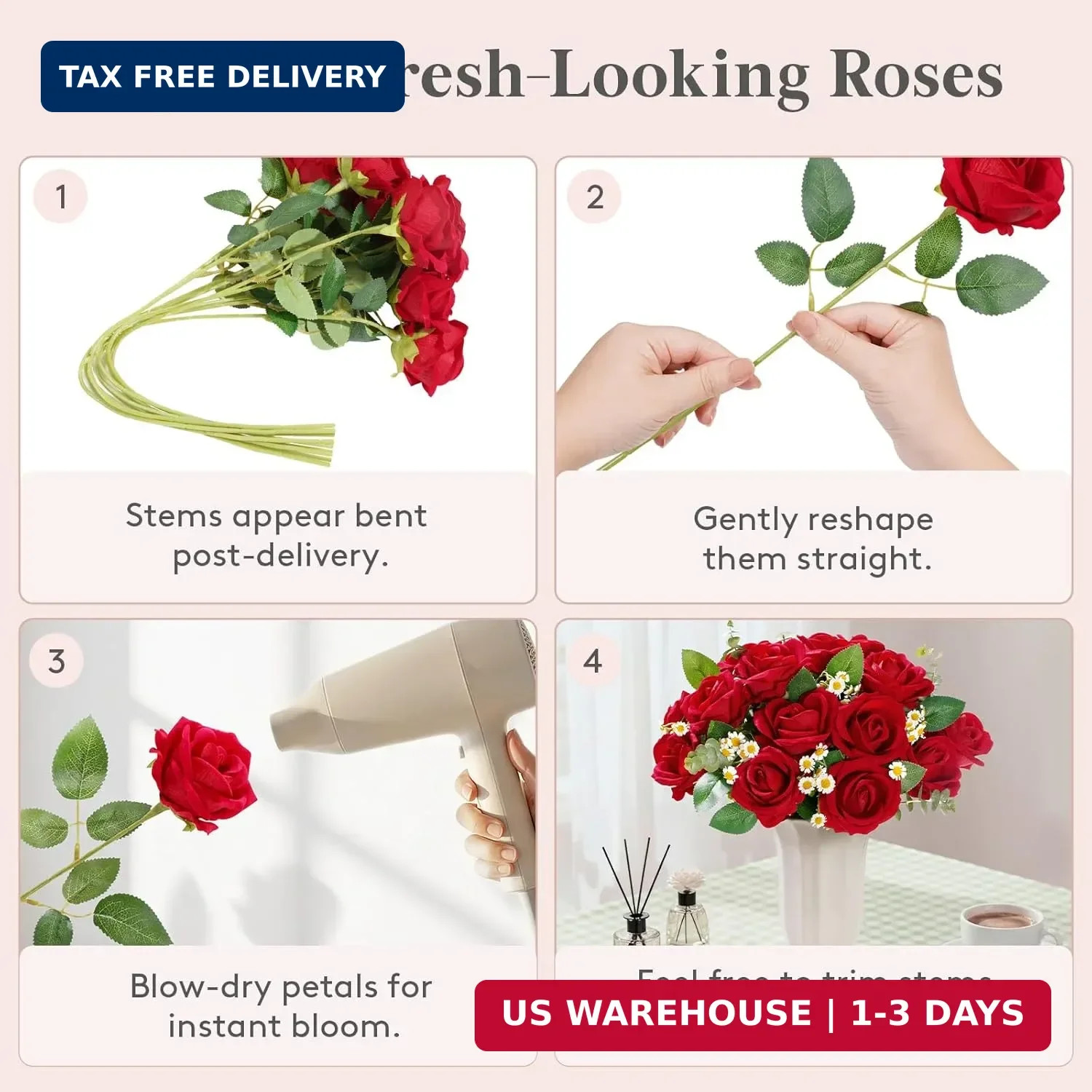 Lifewit Classic Red Artificial Roses Flowers, Faux Long Stem Silk Roses Bulky fo