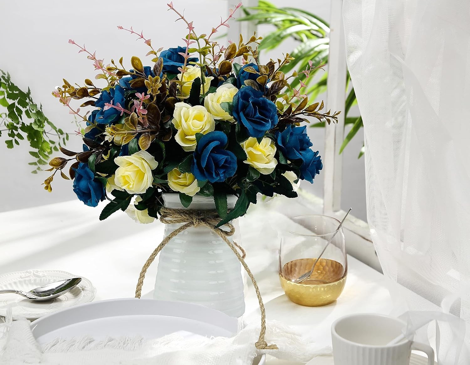 Pack of 5 Silk Rose Bouquets in Ceramic Vase – Perfect Dining Table Centerpiece