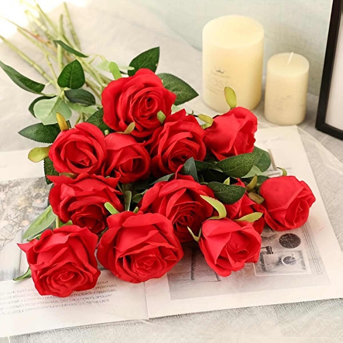 12pcs Realistic Artificial Rose Bouquet for Weddings, Birthdays, and More for Fl