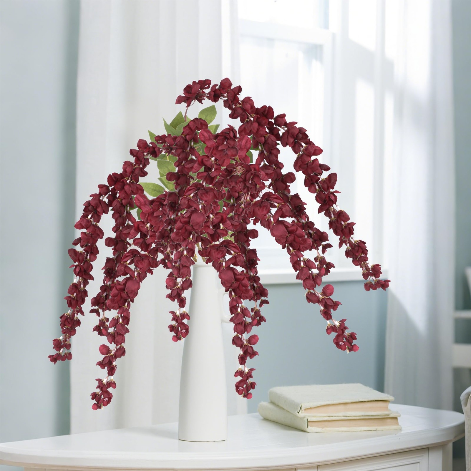 Red Wisteria Artificial Flowers Branches 43 Inch Fake Hanging Plant 2 PCS