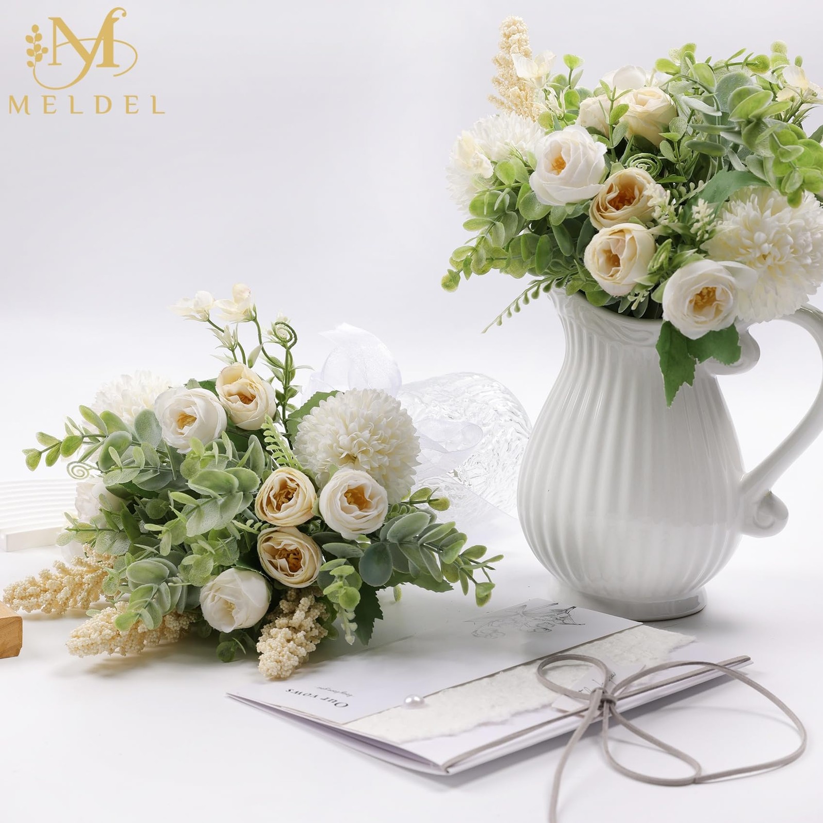 3Pcs Rose Bouquet White&Champagne Artificial Flowers Eucalyptus Plants Silk F…