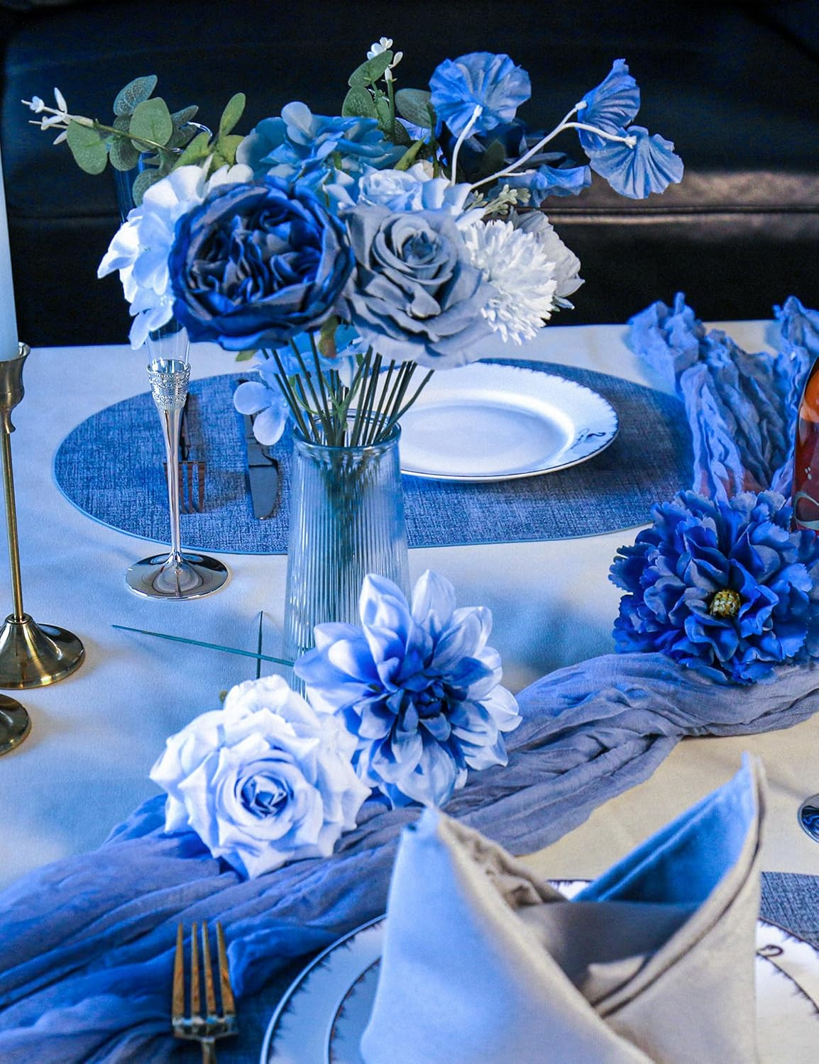 Blue Artificial Flowers Bulk Set Silk Peony Rose Bouquet DIY Wedding Decor